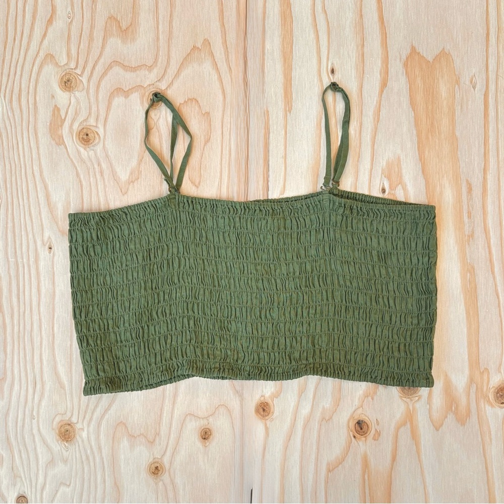 atm linen cropped tank top - seaweed dark green smocked tube - L like new